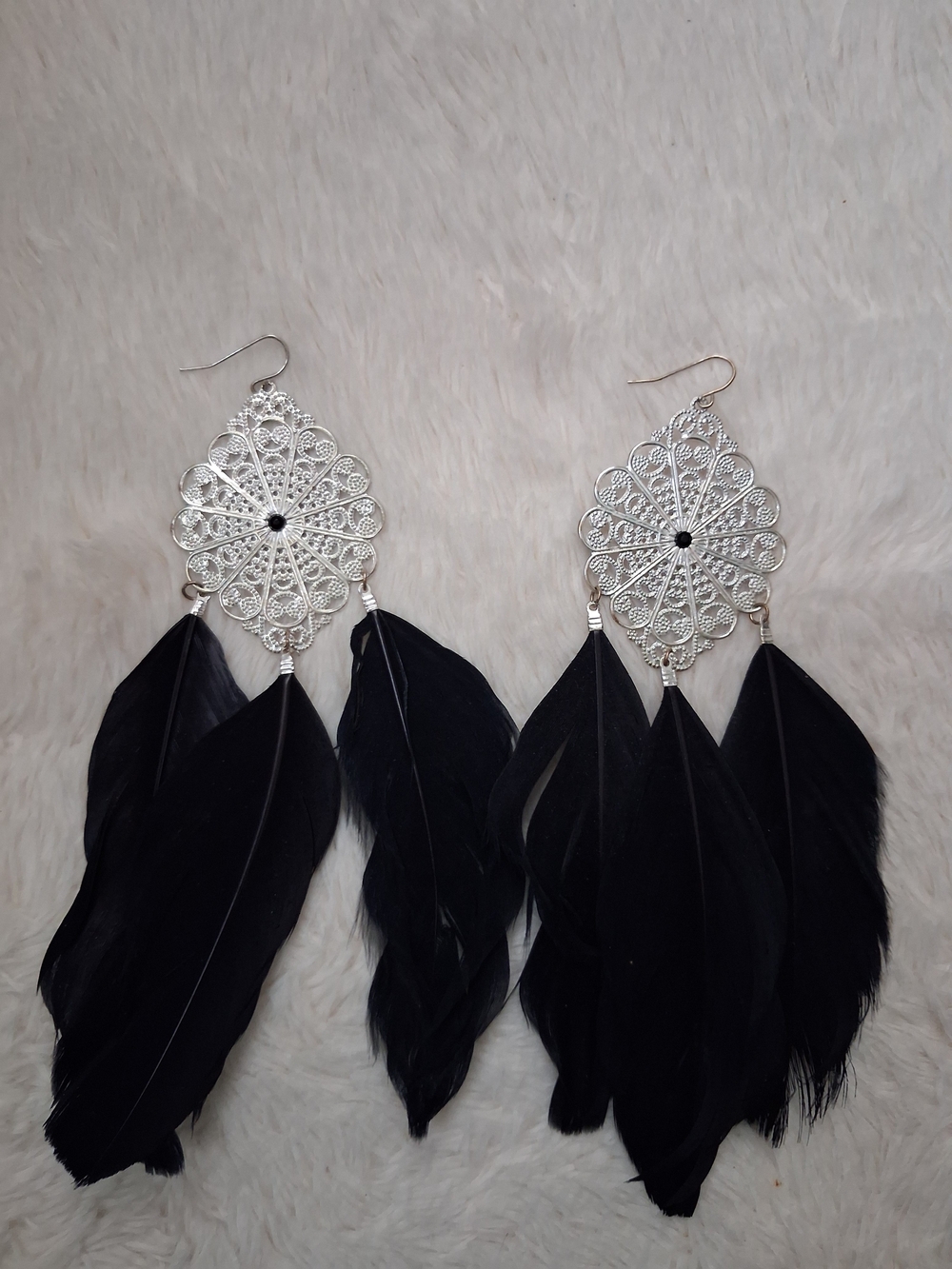 Delicate Silver Filigree Black Feather Drop Earrings by